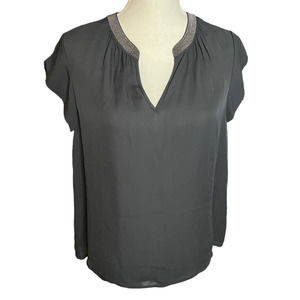 Joie Womens Silk V-Neck Top Blouse Metallic Collar Short Sleeve Size S Black